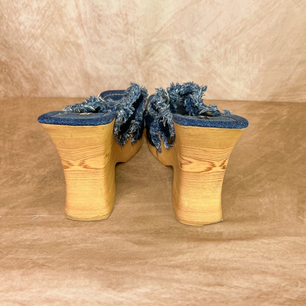 Vintage Y2K Splash Denim Fringe Wedge Platform Sandals High Heels 90s Studded - Picture 4 of 11